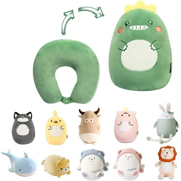 Kids Travel Pillow, 2-in-1 Deformable Kids Neck Pillow for Traveling, Soft U-Shaped Pillow with Adorable Animal Design, Comfy Sleep and Play, Ideal for Airplanes and Cars