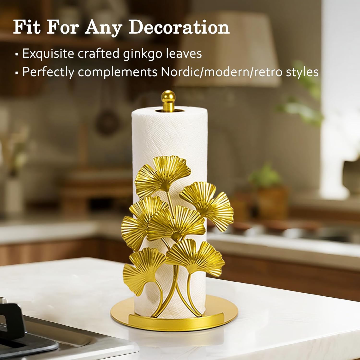 ThrottleT - Vintage Gold Ginkgo Paper Towel Holder Countertop - Gold Kitchen Decor and Accessories, Luxury Housewarming Gifts for Women, 3D Ornate Leaf Textured, Retro Design Home Decor