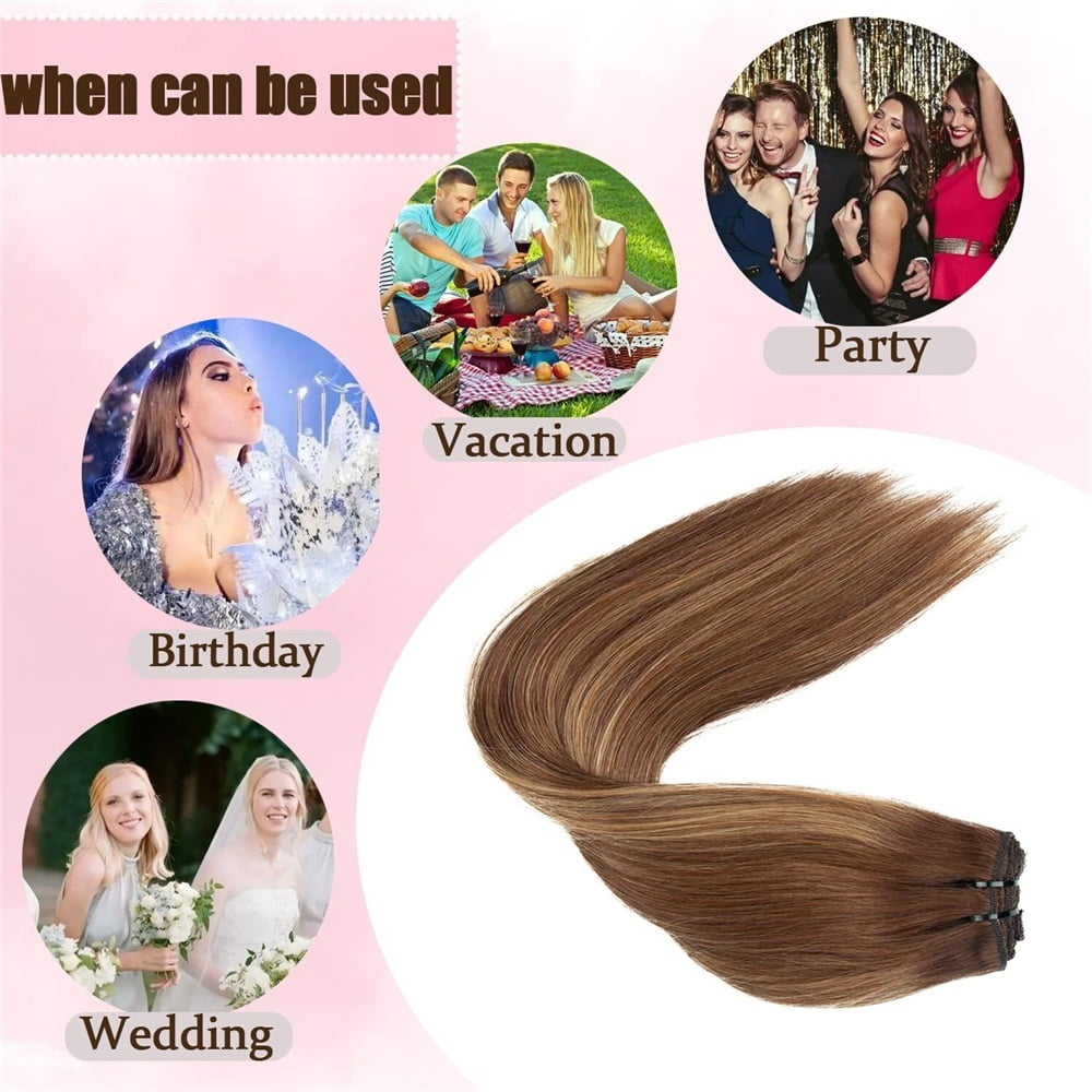Clip In Hair Extensions Remy Human Hair 16-26 Inch #P4/27 Medium Brown Mixed Dark Blonde Clip In Silk Stright Remy Hair Extensions 120g 8Pcs