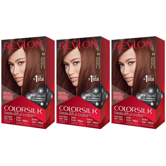 (3 Pack) Revlon Colorsilk Beautiful Color Permanent Hair Color with 3D Gel Technology And Keratin, 100% Gray Coverage Hair Dye, 44 Medium Reddish Brown