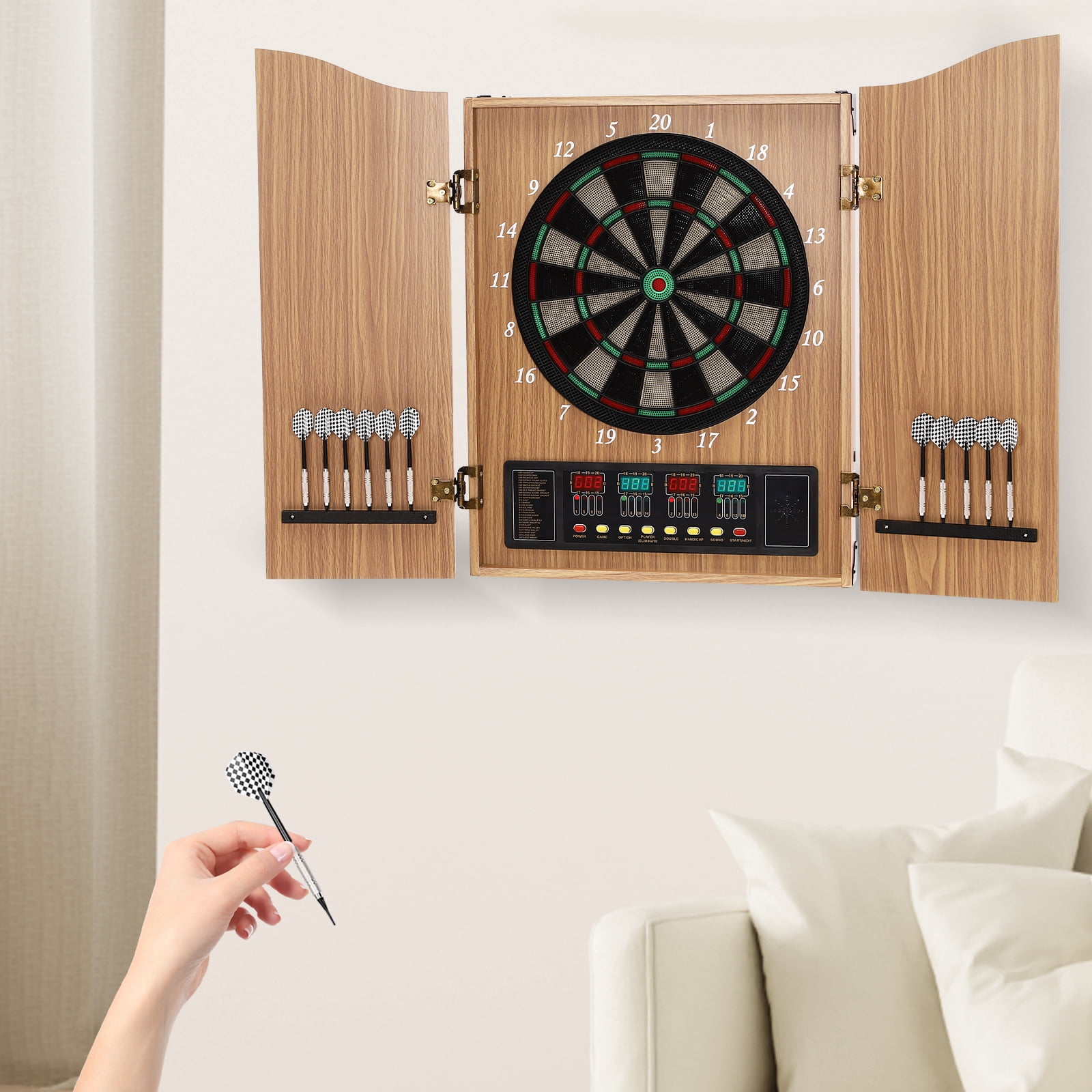 Modern Electronic Dart Board with Cabinet,27 Games and 12 Darts Scoreboard Set for Adults Yellow