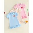 thumbnail image 3 of BemeyourBBs Toddler Baby Girls Back to School Dress Kindergarten Outfits Baby Girl First Day of School Outfit Cute Apple Embroidery Puff Short Sleeve Collared Button Summer Ruffled Dress, 3 of 9