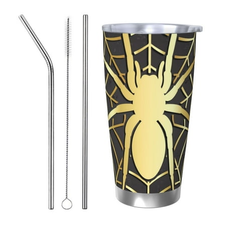 

KLL Gold Spider On The Web Print 40oz Stainless Steel Insulated Car Cup with Spillproof Lid - Keep Your Drink Hot or Cold on the Go-Straw Three-piece Set