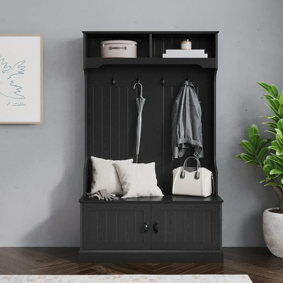 Emma   Oliver 40" Wide Hallway Tree with Storage Bench, Coat Hooks, and Upper Storage Compartments in Black