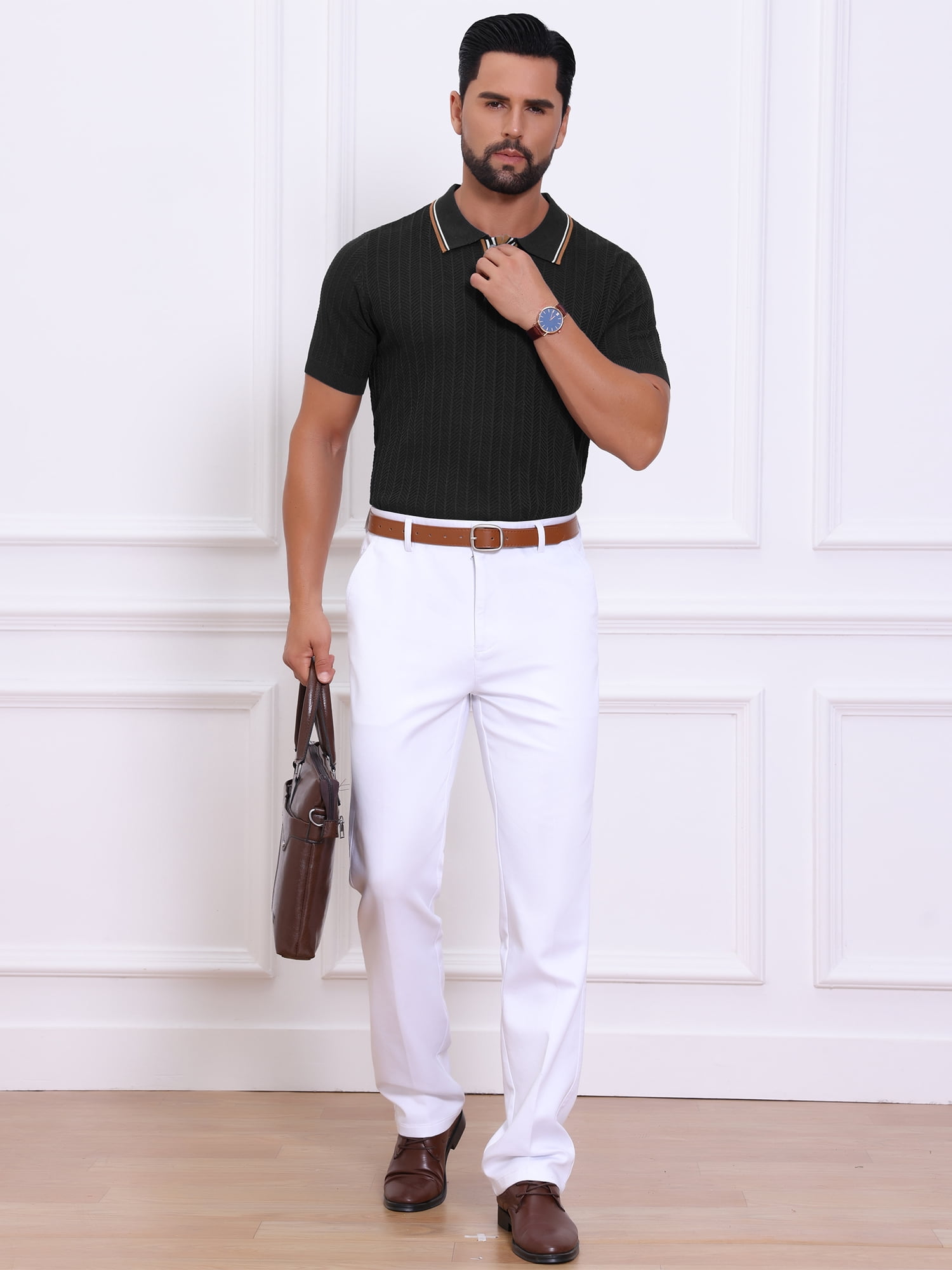 DARING DIVA Men's Knitted Ribbed Hem Short Sleeve Textured Golf Shirts XL Black