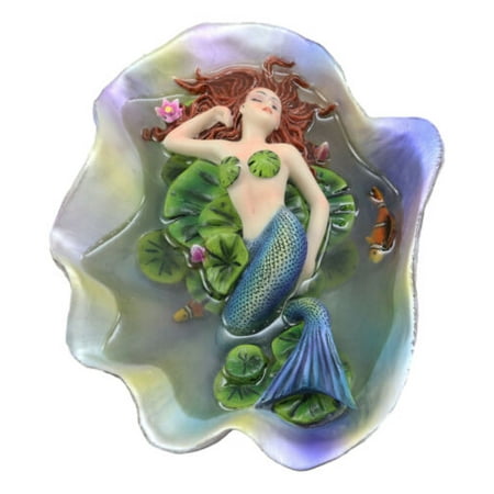 Ebros Sheila Wolk Elan Vital Sculpture Red Haired Ariel Mermaid Sleeping On Water Lilies With Koi Fishes In A Giant Clam Shell Pond Figurine Fantasy Mermaids Pirates Sirens Decor Statue 6.75