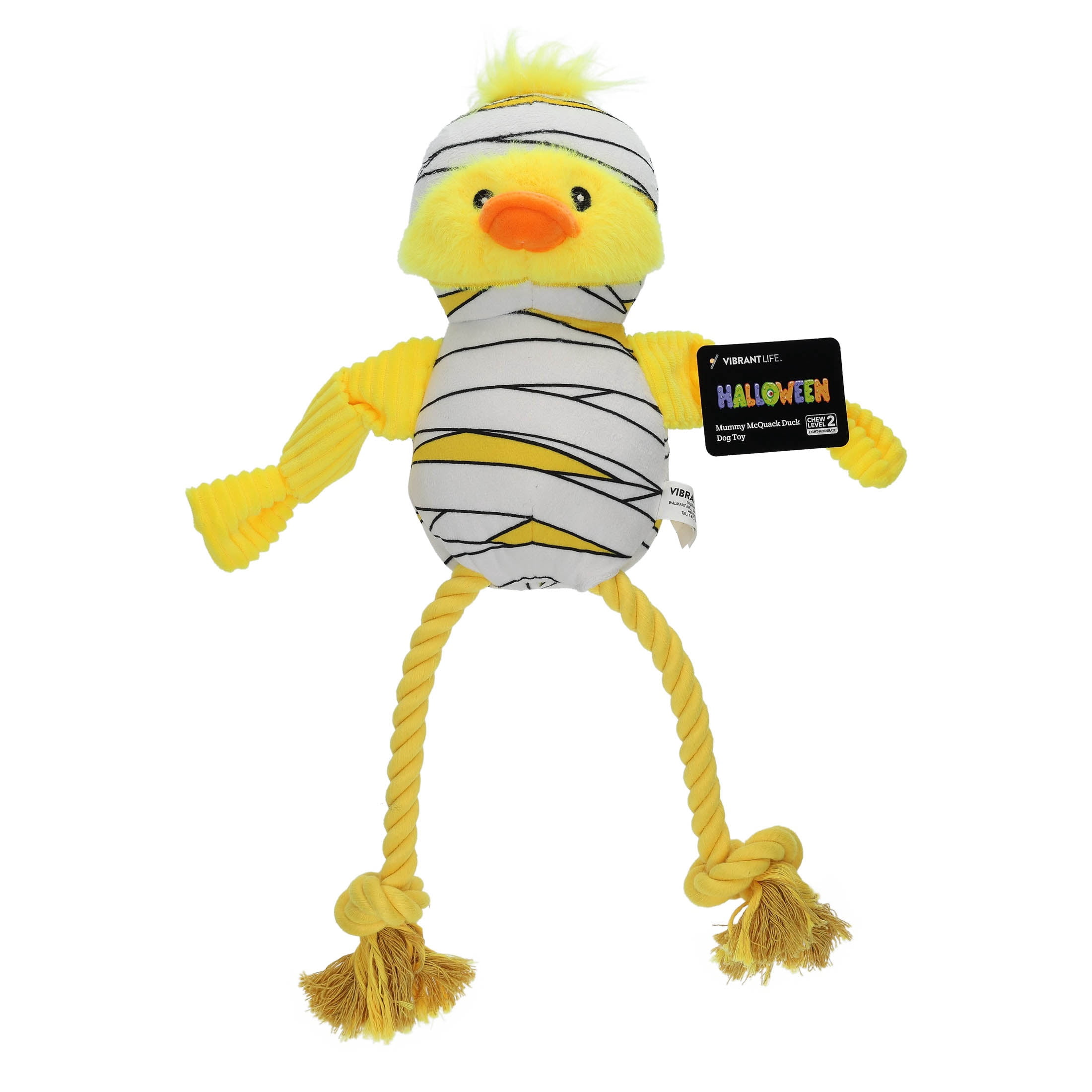 Vibrant Life Halloween Yellow and White Mummy McQuack Duck Plush Dog Toy with Ropes and Squeaker, Chew Level 2