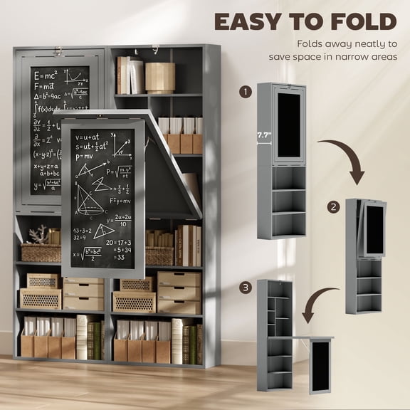 HOMCOM Fold-Out Wall Mounted Computer Desk with Storage Shelves, Convertible Folding Writing Desk Cabinet with Chalkboard, Adjustable Shelf, Space-Saving Home Office Desk, Charcoal Gray
