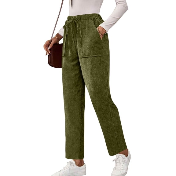 Hogleaql Corduroy Pants for Womens Straight Leg Comfy Casual Pants with Pockets Elastic Waist Trendy Loose Fit Loungewear Trousers Army Green L