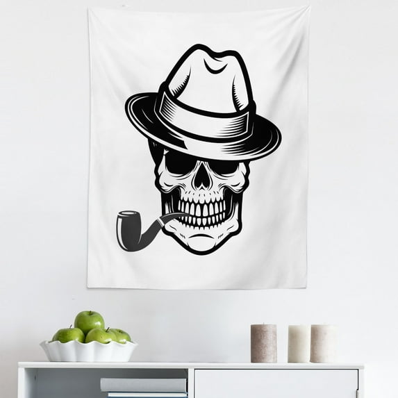 Skull Smoking Tapestry, Human Skeleton Head Depicted as Gentleman Wearing a Fedora Hat, Fabric Wall Hanging Decor for Bedroom Living Room Dorm, 5 Sizes, White and Charcoal Grey, by Ambesonne