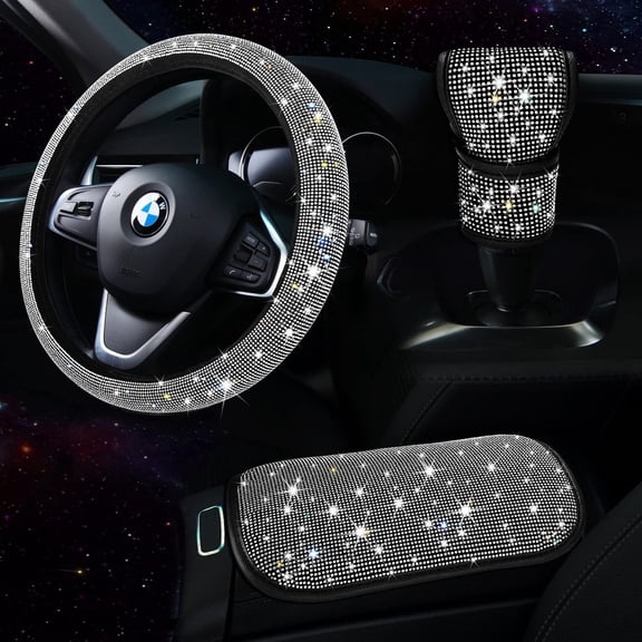 Crystal Rhinestone Steering Wheel Cover Set for Women, Sparkly Car Interior Accessories 3-Piece