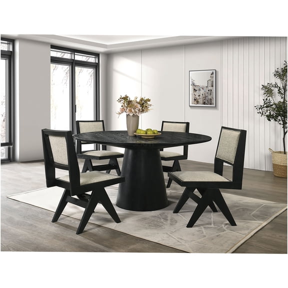JERFIT 5-Piece Round Dining Set with Gray Fabric Chairs, Black Rubberwood Table for 4