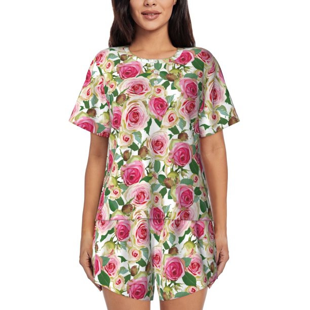 Fotbe Rose Flowers Conjunto de Pijama Estampado para Mujer, 2 Piezas, Ropa de Dormir con Camiseta de Manga Corta y Shorts Suaves-XX-Large