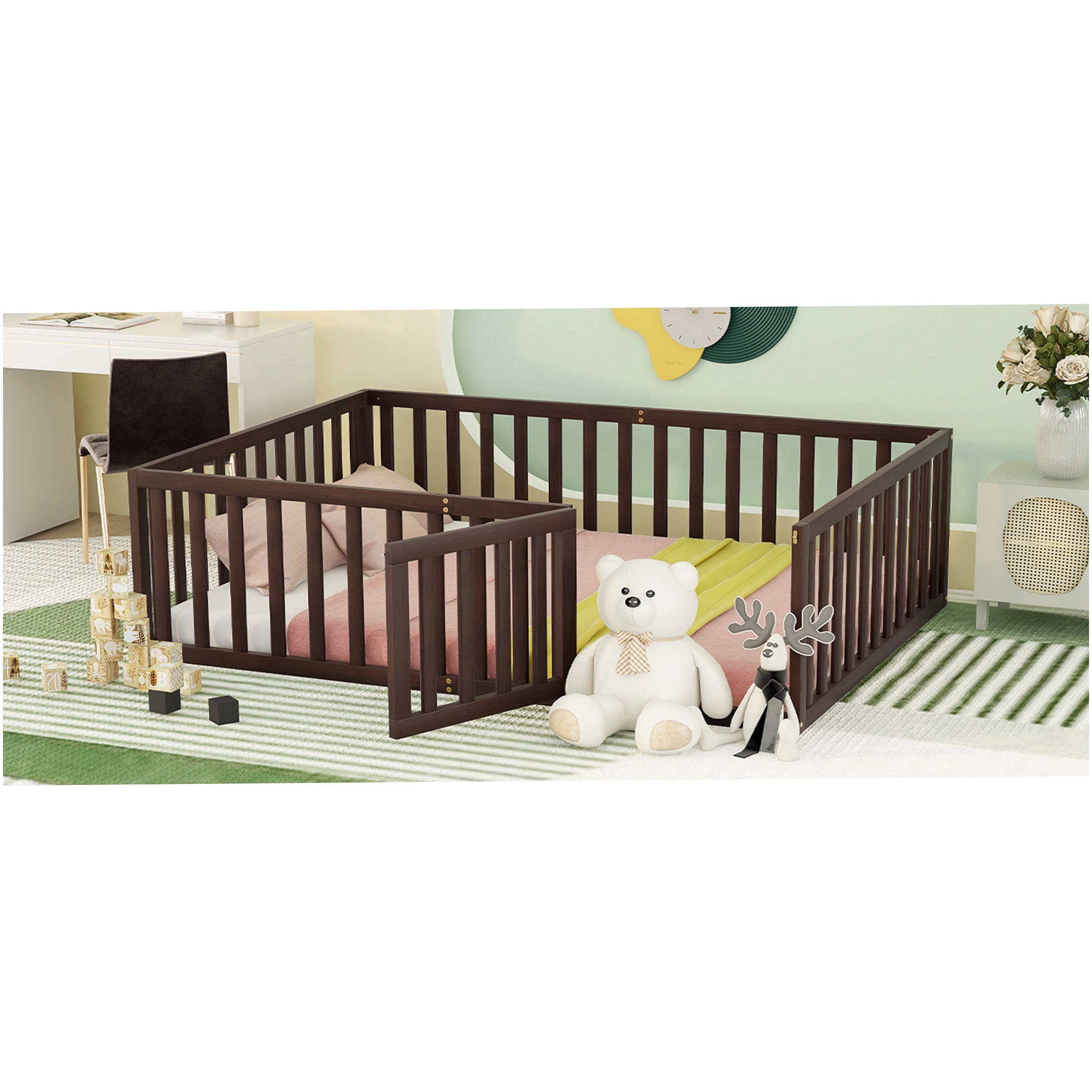 Full Size Floor Bed Frame with Safety Gate, Low Profile Platform Bed with Fence, Solid Pine Wood, Walnut Finish