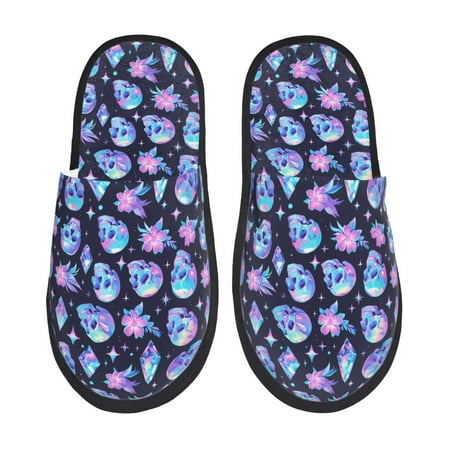 Balery star Skull flower crystal Slient Indoor Furry Fleece Comfort House Shoes Soft Non-Slip Home Shoes Cotton slippers House Slippers-- Medium