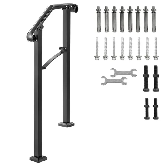 Outdoor Stair Handrail for 1 or 2 Steps - Black Wrought Iron Flexible Porch Railing