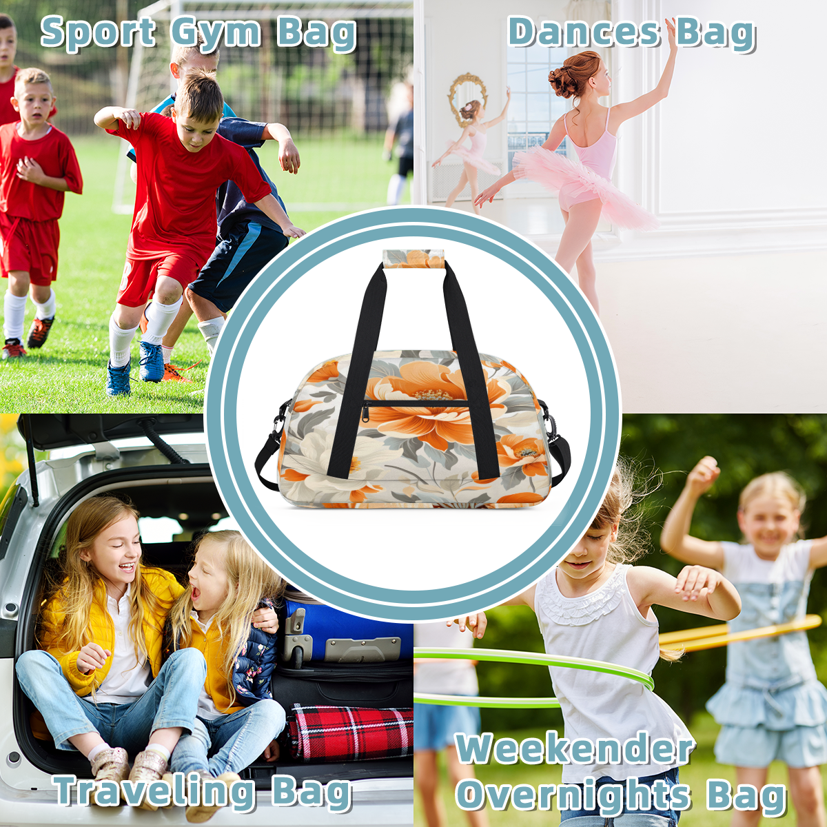Herdesigns Floral Sports Duffle Bag for Women & Men, Orange White Flowers Gym Bag Dance Bag Overnight Bag Carry On Weekender Travel Bag