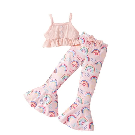

Godderr Toddler Baby Girl Summer 2PCS Outfit Set Kids Sleeveless Halter Crop Top + Printed Flare Pants Fashion Clothes 2-7T