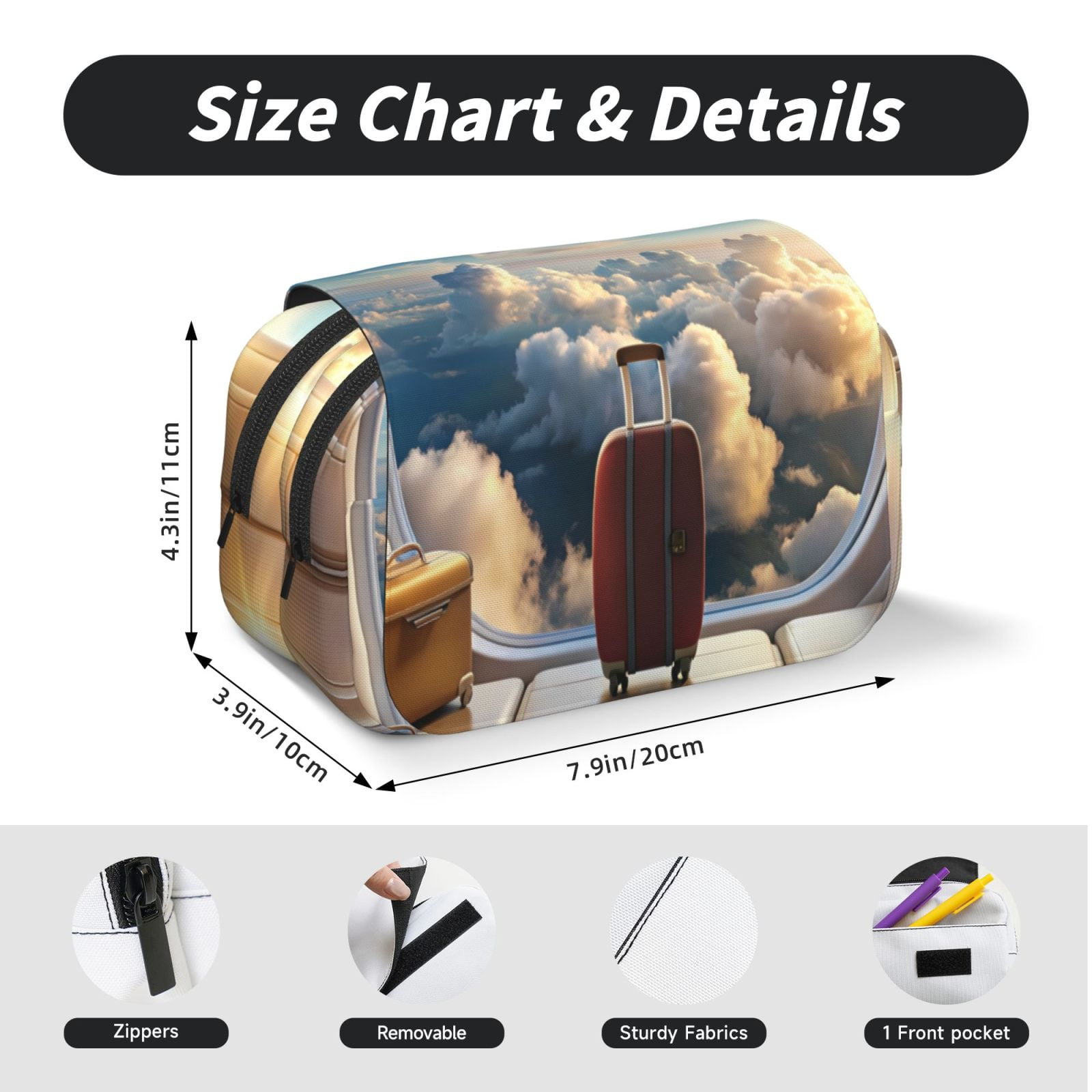 Rateoe Sunset Airplane Travel View Pattern Double Clamshell Pen Case, Storage Organizer with Two Zipper Compartments– Holds Up to 50 Pencils & Pens