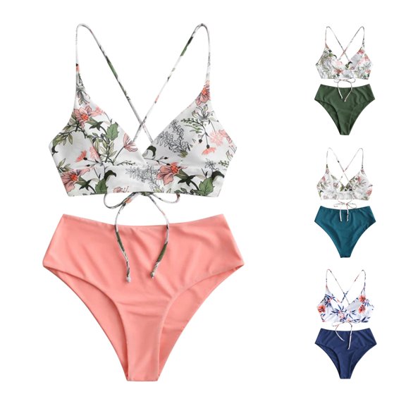 VNKIDY Womens Thin Spaghetti Strap V Neck Cross Back Floral Print Top Solid High Waist Two Piece Bikini Set Regular Fit Quick Dry Summer Beach Swim Bath Suits For Ladies XL