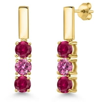 Gem Stone King 18K Yellow Gold Plated Silver Red Created Ruby and Pink Moissanite Drop Dangle Earrings for Women | 1.70 Cttw | Gemstone July Birthstone | Round 5MM