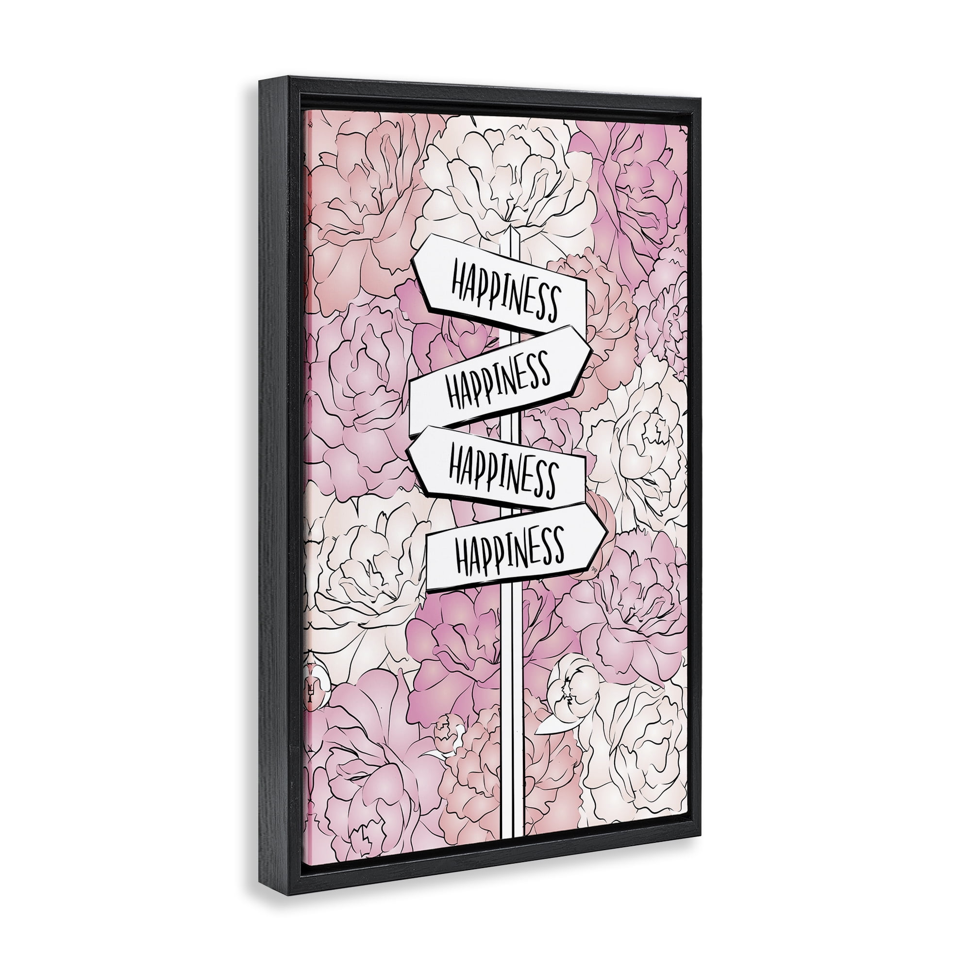 Stupell Industries Happiness Sign on Flowers Beauty & Fashion Painting Black Floater Framed Art Print Wall Art, 17 x 25
