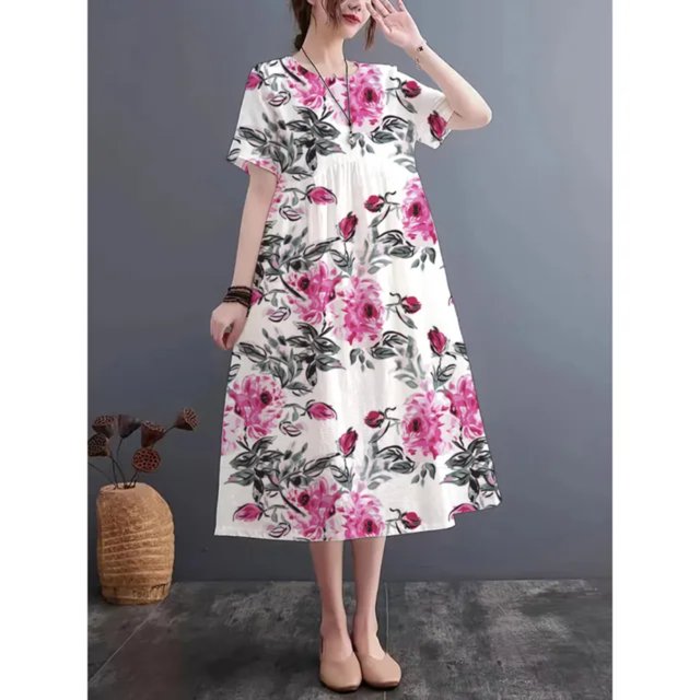 JUNWELL 2024 Été Nouvelle Mode Imprimé Col Rond à Manches Courtes Robe Imitation Lin Décontracté Robe en Vrac Respirante et Confortable