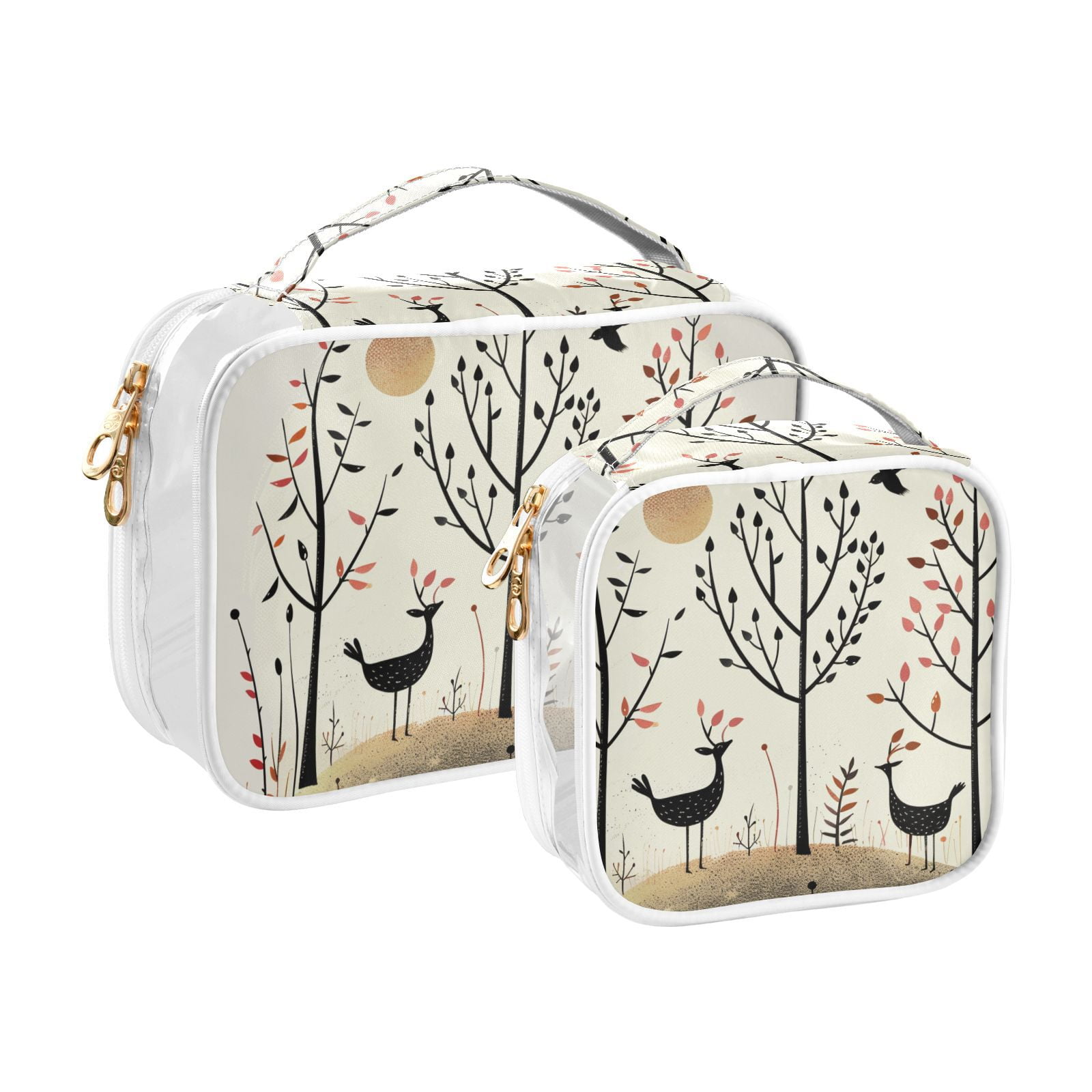 Clear Makeup Bags with Handle Large Opening 2 Pack Set Toiletry Bag Quart Size Bag, for Women Man Traveling Travel Essentials, Toiletries and Other. Hand Drawn Forest