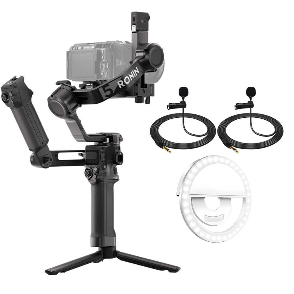 DJI RS 5 Combo Camera Stabilizer Bundle with 2x Deco Essentials 3.5mm Computer Clip-On Mini Lapel Microphone, Black + Professional LED Cordless Smartphone Ring Light