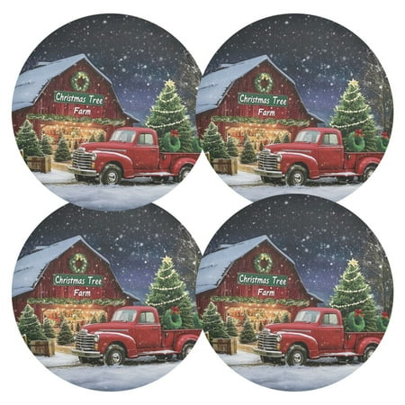 

joogoo Truck Christmas Tree Round Plate Mats for Dining Table Placemat Set of 4 Holiday Decoration