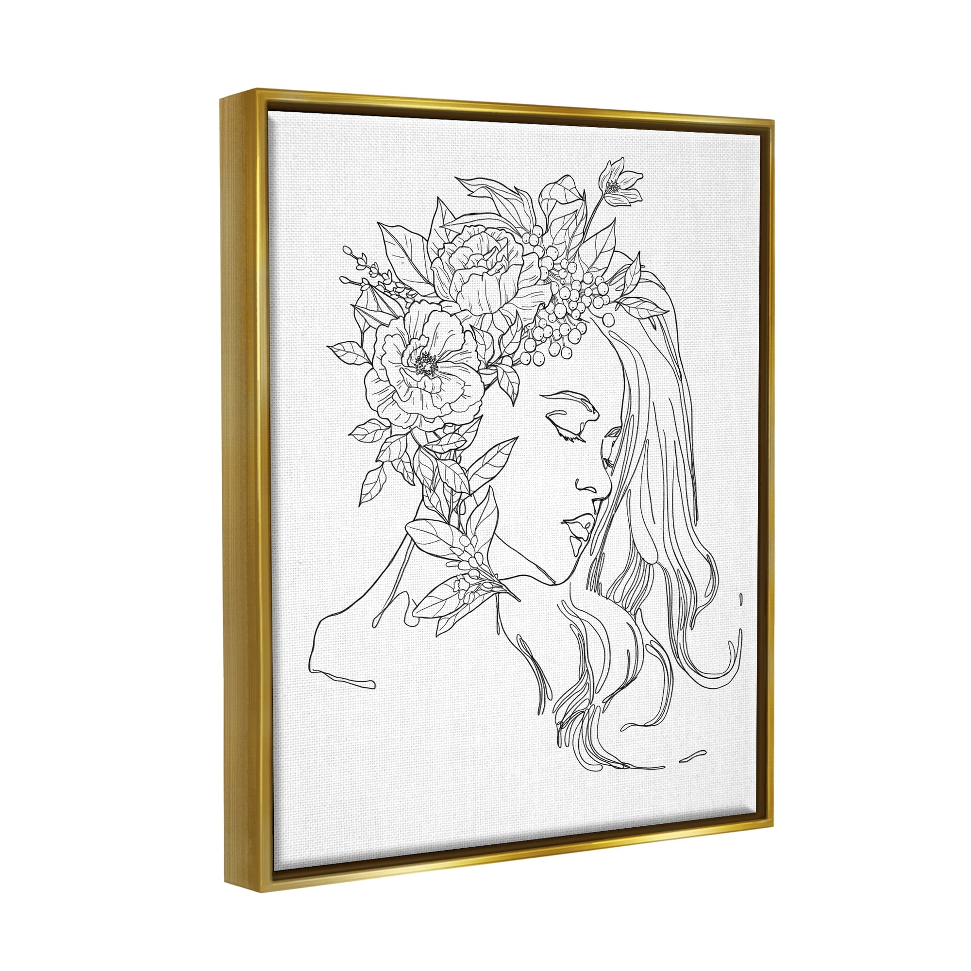 Stupell Industries Woman Face Detailed Blossoming Flowers Line Drawing Graphic Art Metallic Gold Floating Framed Canvas Print Wall Art, Design by Ziwei Li