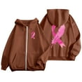 thumbnail image 2 of Wangmeiwg Women's Sweatshirts Fashion Women's Autumn Winter Cancer Awareness Ribbon Feather Print Zipper Long Sleeve Pocket Drawstring Casual Hooded Sweatshirt Brown 3XL, 2 of 5