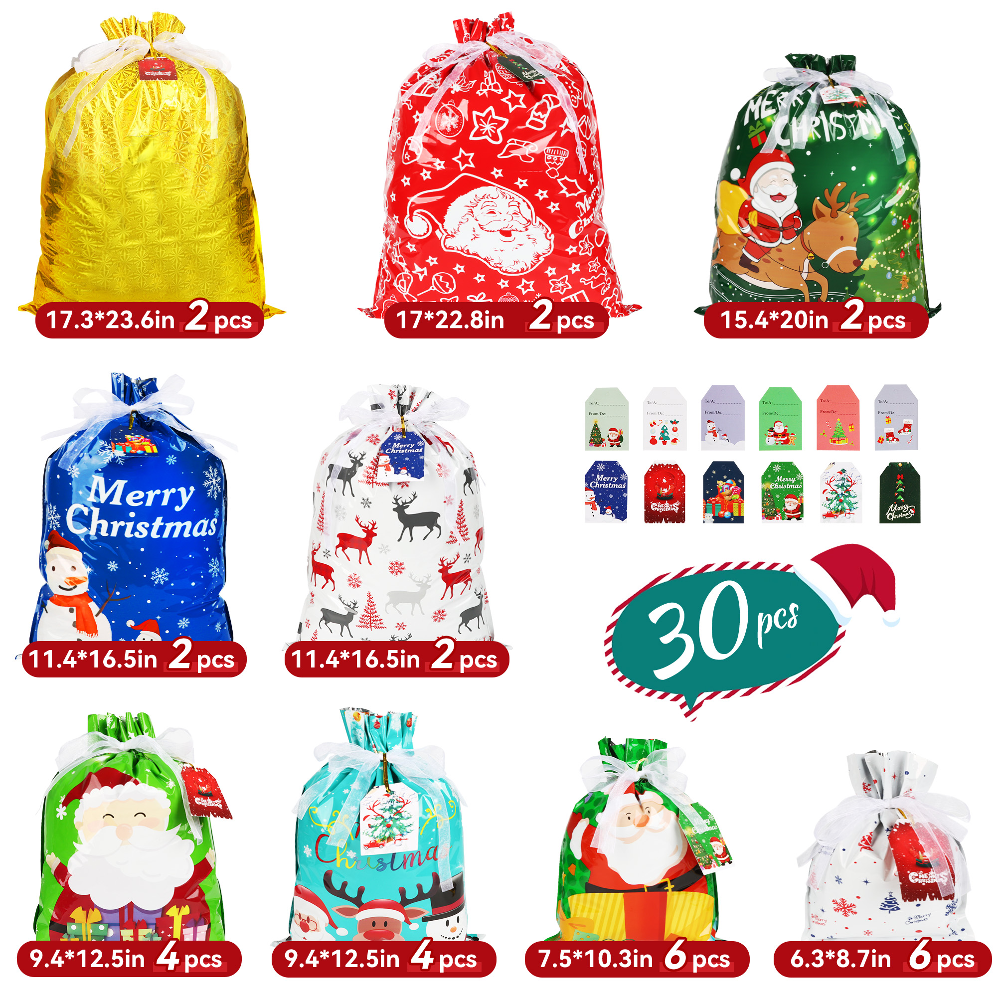 TUONITO 30-Piece Christmas Drawstring Gift Bags, Assorted Sizes photo 7