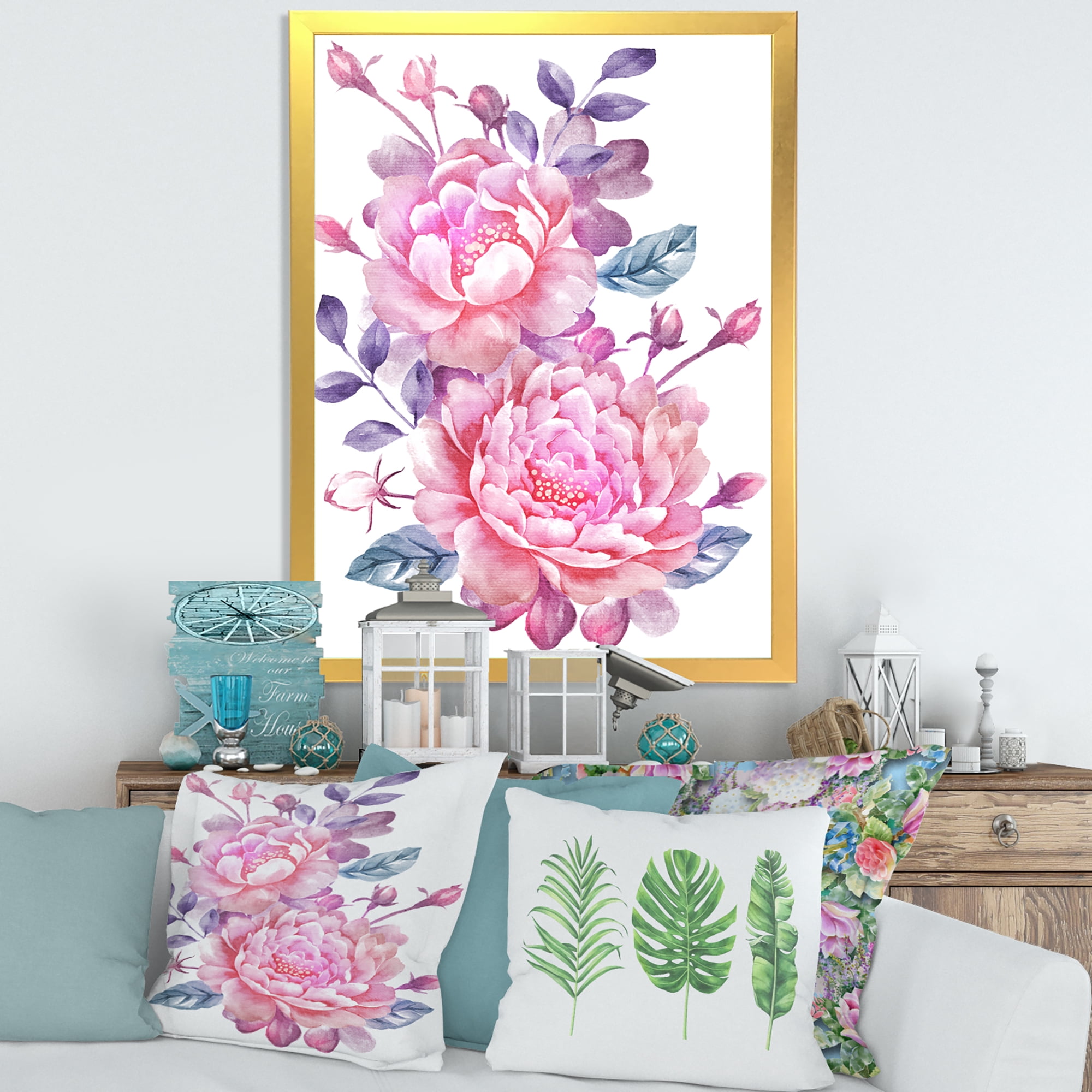 Designart 'Pink Retro Flowers With Blue Leaves On White' Traditional Framed Art Print