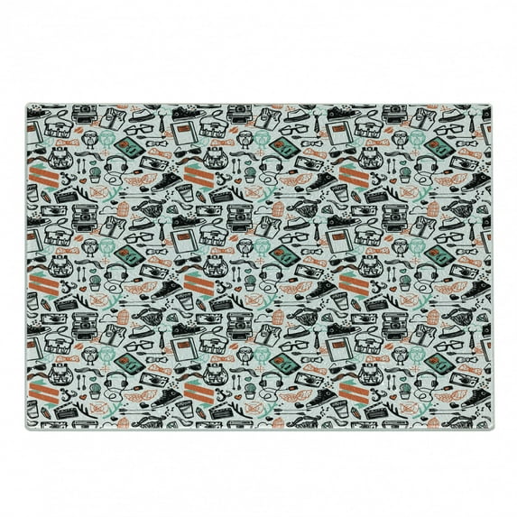 Indie Cutting Board, Hipster Fashion Themed Pattern Clothing Accessories and Sketchy Art, Decorative Tempered Glass Cutting and Serving Board, Small Size, Seafoam Orange Black, by Ambesonne