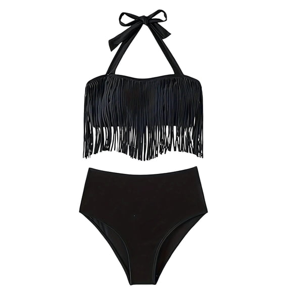 LOPECY-Sta Swimwear for Women Two Piece Swimsuit Fringe Halter Top and Swim Bottom Tassel Bathing Suits Beachwear