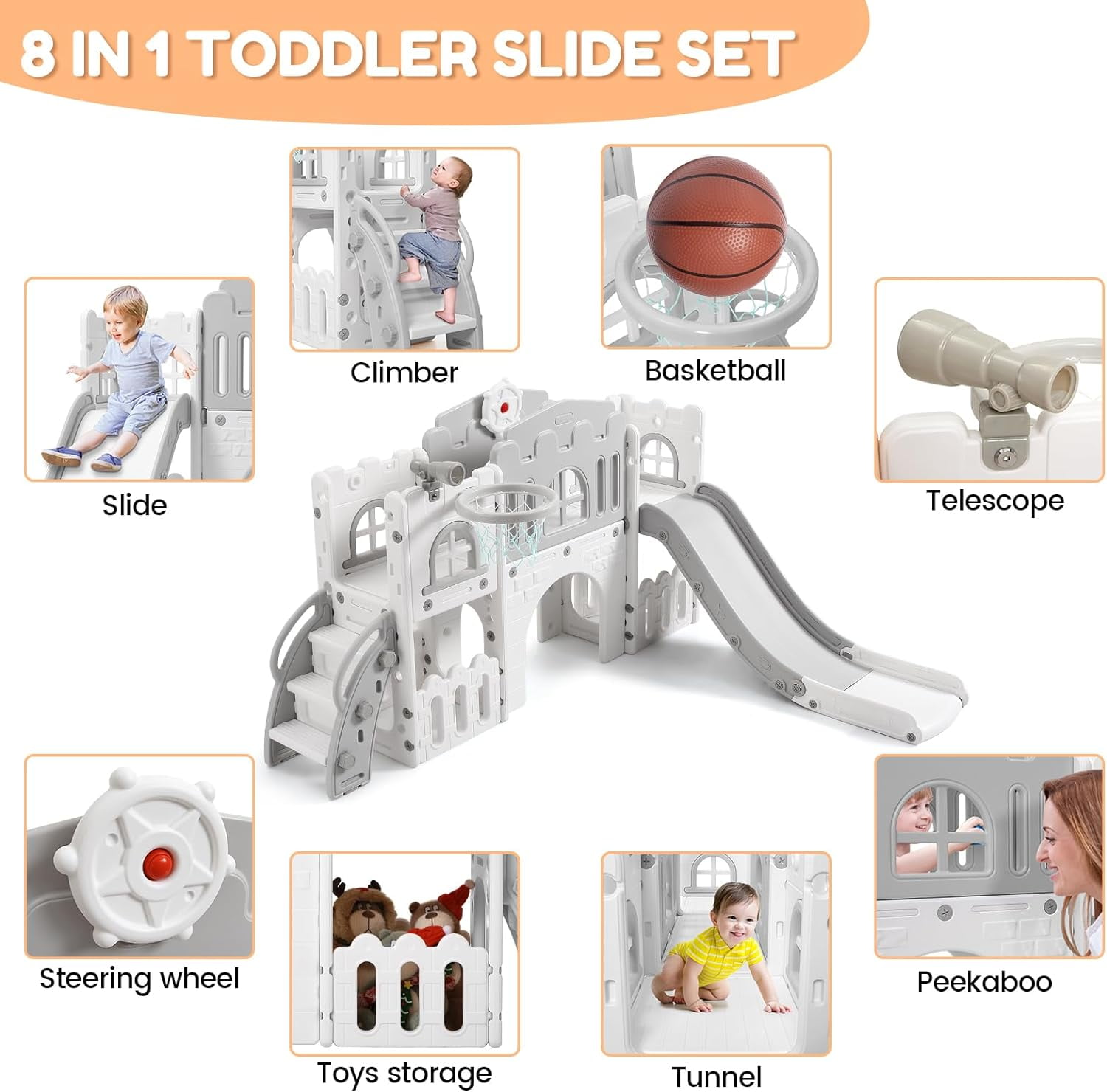 8 in 1 Toddler Slide Indoor Playground, Indoor Slide Toddler Playset for Toddlers 1-3, Kids Outdoor Playground with Slide, Basketball Hoop, Climber, Crawling Tunnel, Telescope, Grey & White