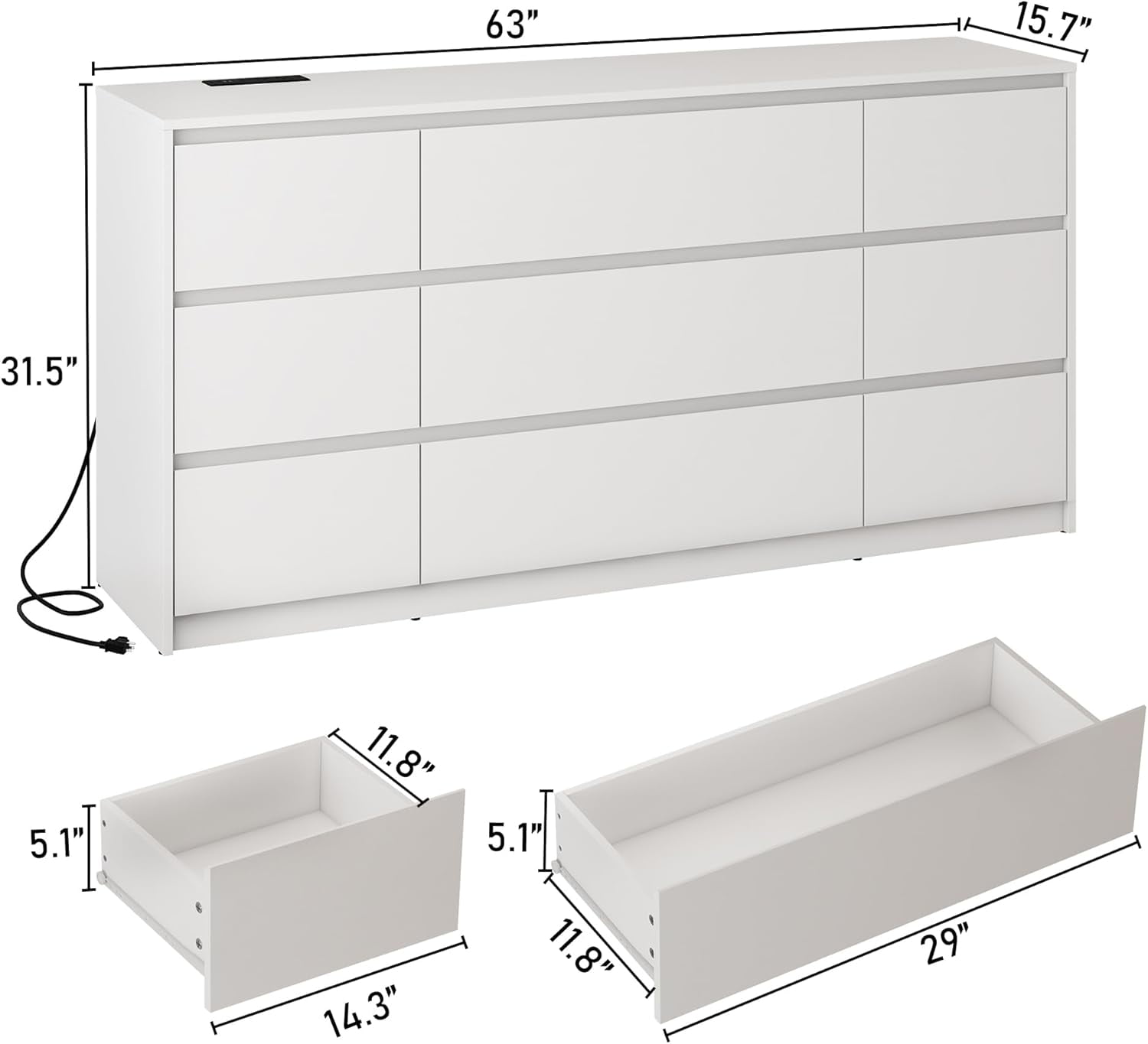 ChVans White 9 Drawers Dresser with Charging Station, 63" Long Modern Dresser with 9 Drawers for Bedroom, Large Wood Chest of Drawers Handle Free, Dresser for Bedroom, Living Room, Hallway