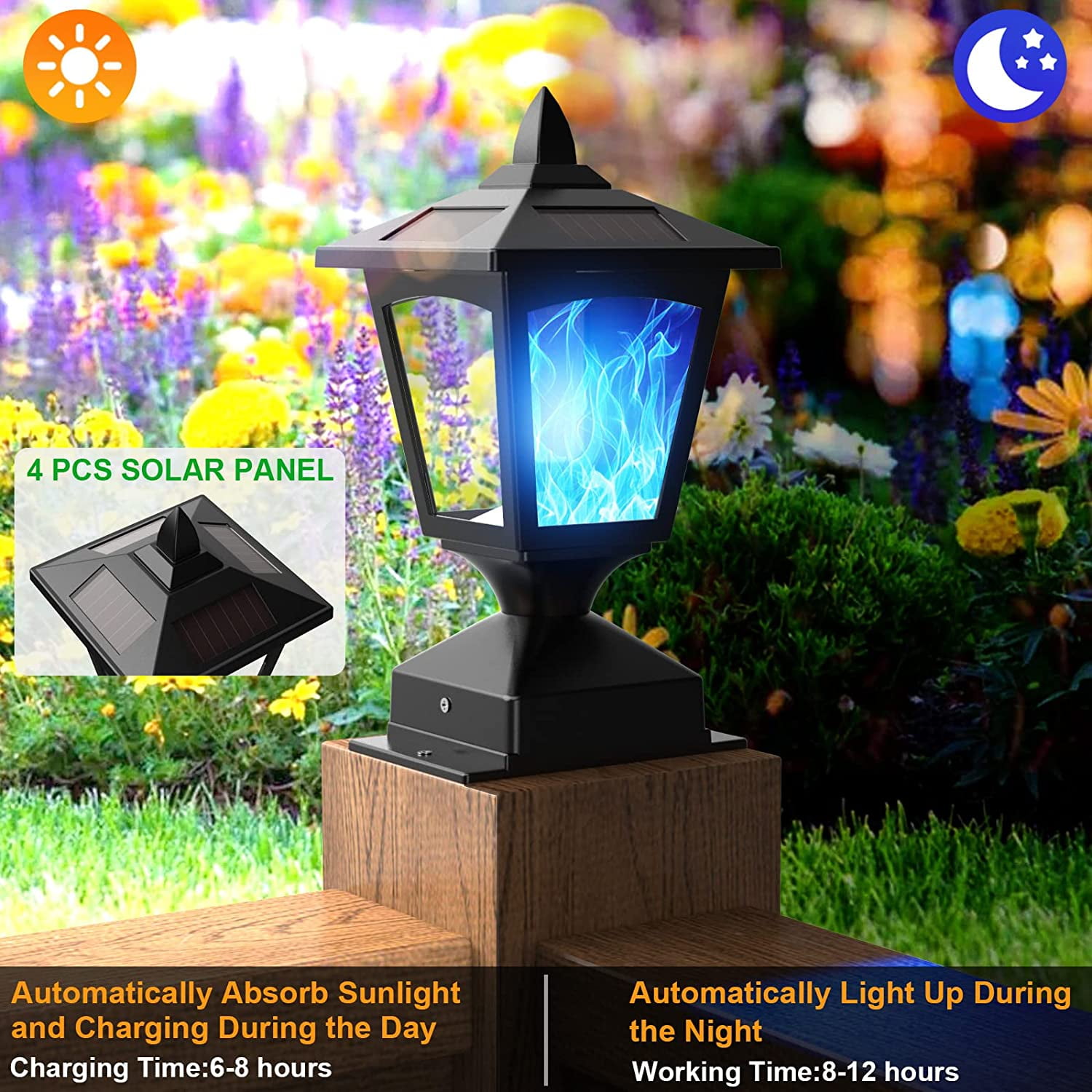 Solar Post Flame Light,Outdoor Deck Fence Post Cap LED Light,Waterproof 4x4  5x5 6x6 Black Post Top Solar Powered Light with Flickering Flame for Garden  Outside,2 Pack, Black-Blue Light