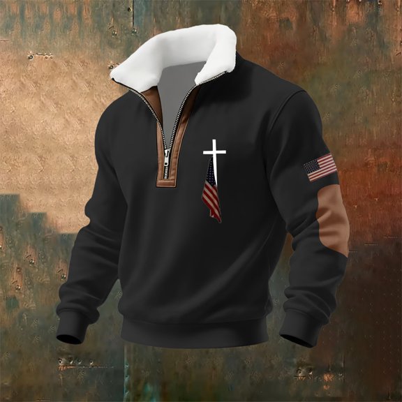 Men's Fleece Quarter Zip Sweatshirt, Cadet Collar Pullover with American Flag Print, Cozy No Hood Patriotic Sweater for Casual Wear, Daily Outfits Black L