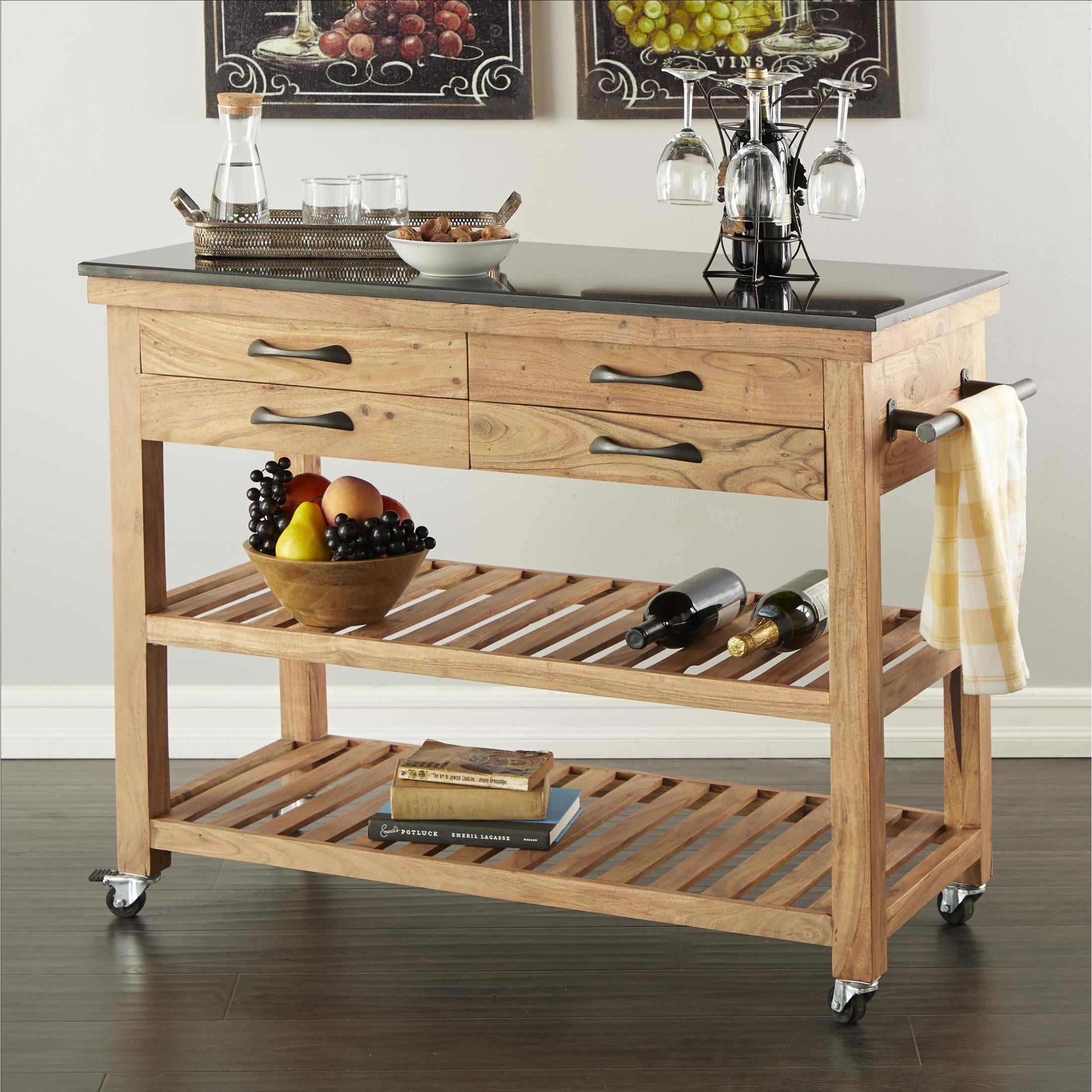 DecMode 46" x 36" Brown Wood Rolling 4 Drawer and 2 Shelf Kitchen Cart with Black Metal Handles and Marble Top, 1-Piece