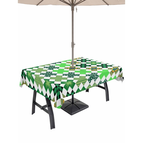 Saint Patrick's Day Outdoor Tablecloth - 54x80 Inch Rectangle Dining Table Cover, Green Plaid Clovers Geometric Waterproof Outdoor Table Cloth with Umbrella Hole & Zipper for Picnic/Patio/Party