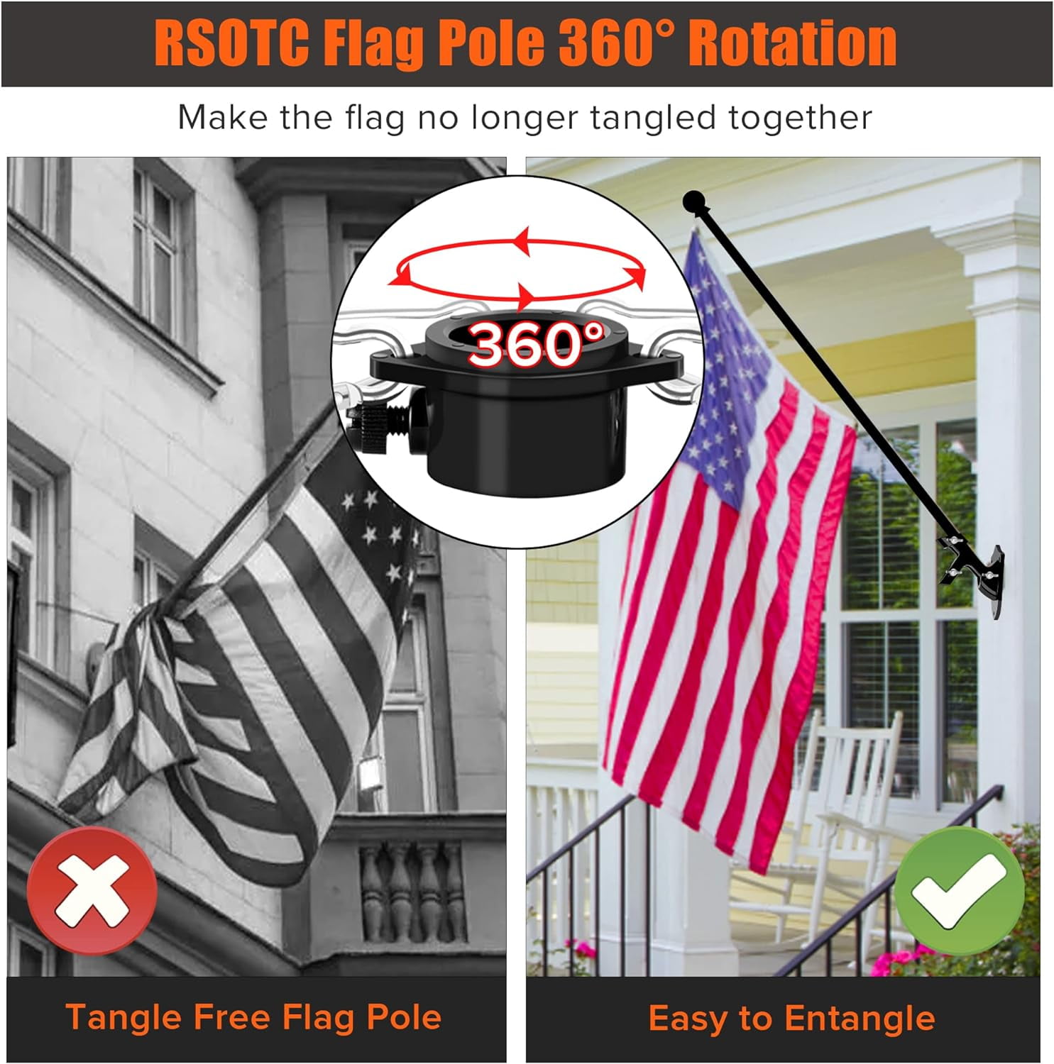 Flag Poles for Outside House 6FT Stainless Steel Metal Black Flag Pole kit Tangle Free Residential Heavy Duty for Truck,House,Porch,Yard,Boat Suitable for 3x5 Heavy Garden Flag (06Black, 6ft)