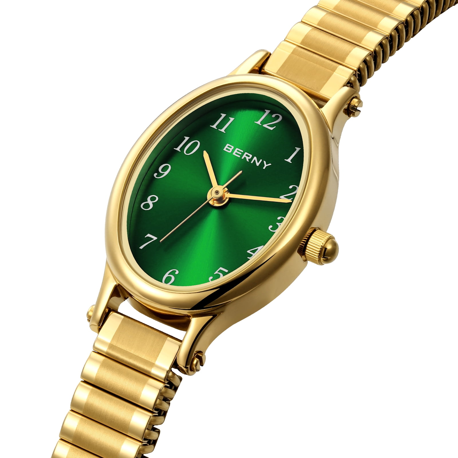BERNY Small Gold Watches for Women, Dainty Luxury Oval Dial, Expansion Band Watch, Fashion Ladies Analog Quartz Watch, Waterproof Women Wristwatch Gifts, Green