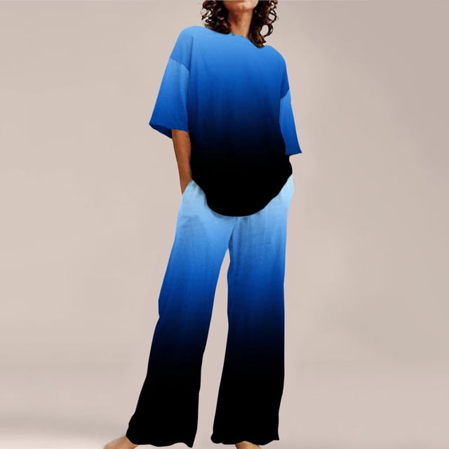 Ensembles de Pyjama pour Femmes Adapté Été Col Rond Manches Courtes Imprimé Floral Haut Chemise avec Pantalon Grande Taille 2 Ensemble L