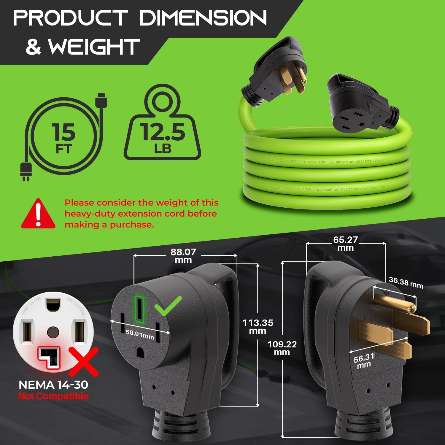 GEARit 4-Prong 250V 50A Electrical Adapter Power Extension Cord, 15 ft, NEMA 14-50, Weatherproof and Durable