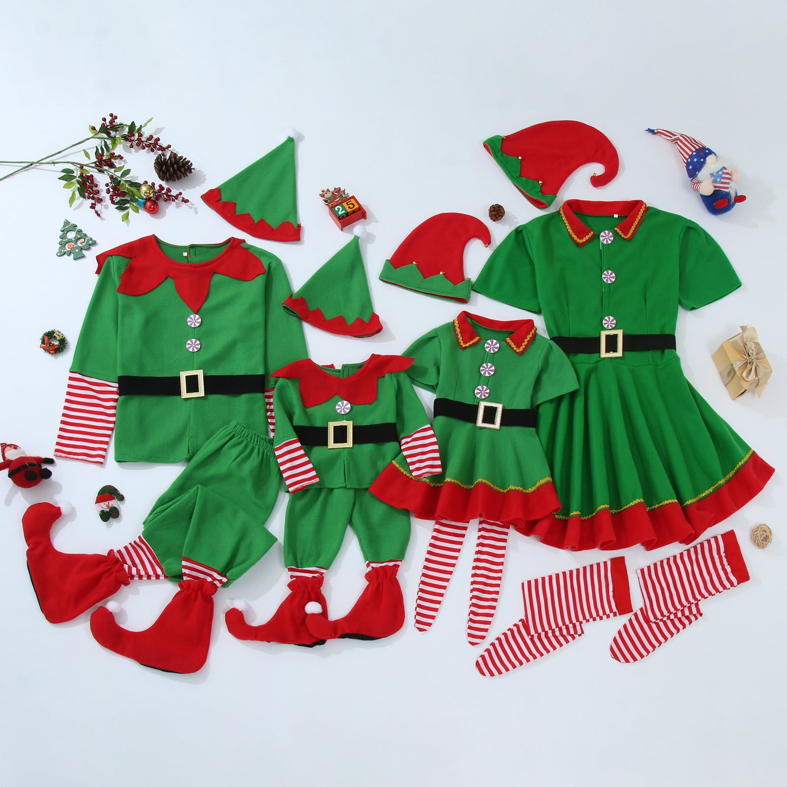 DHFJKG Christmas Elf Outfit For Family Matching Womens Short Sleeve Turndown Collar Dress With Hat Socks 3 Piece Sets Classic Perfomance Wear