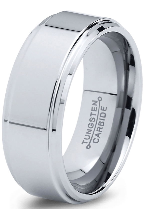 Tungsten Wedding Band Ring 8mm for Men Women Comfort Fit Step Beveled Edge Polished Lifetime Guarantee Size 8