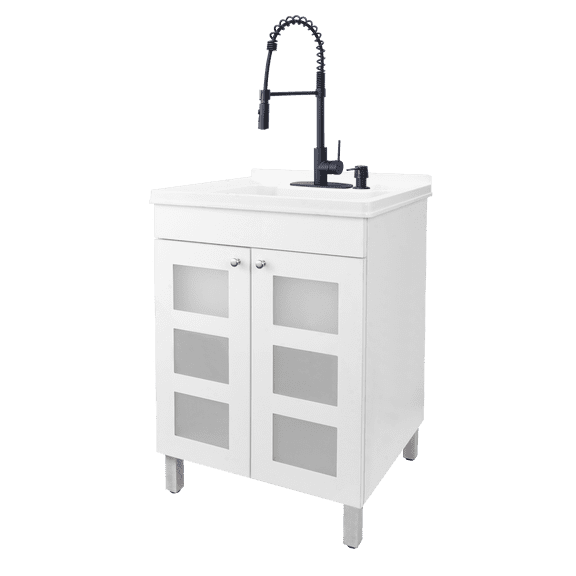 TEHILA White Utility Sink Laundry Vanity with Black Hi-Arc Coil Faucet and Soap Dispenser