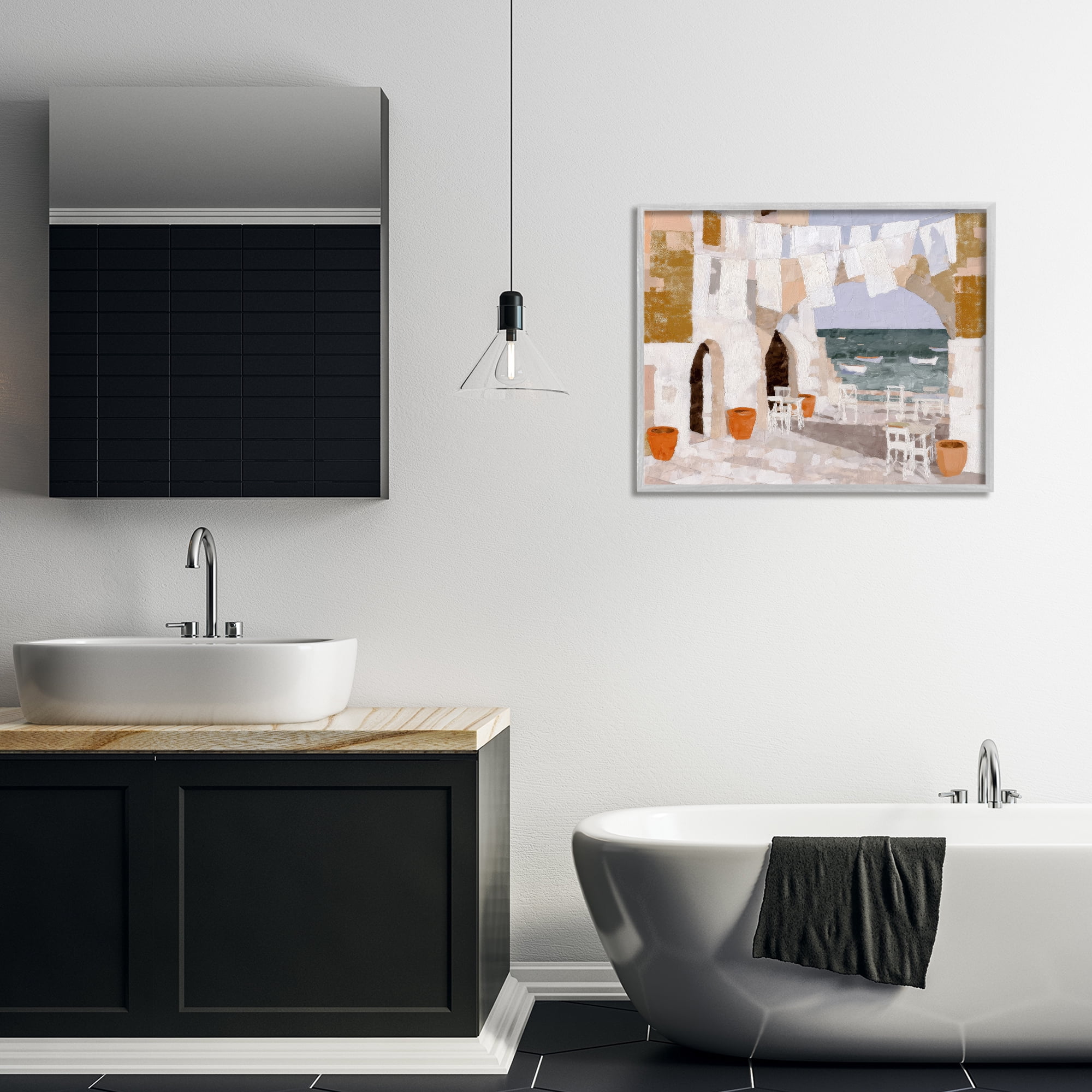 Stupell Industries Coastal Village Plaza Laundry Gray Framed Giclee Art, design by Chromatic Storm Studio